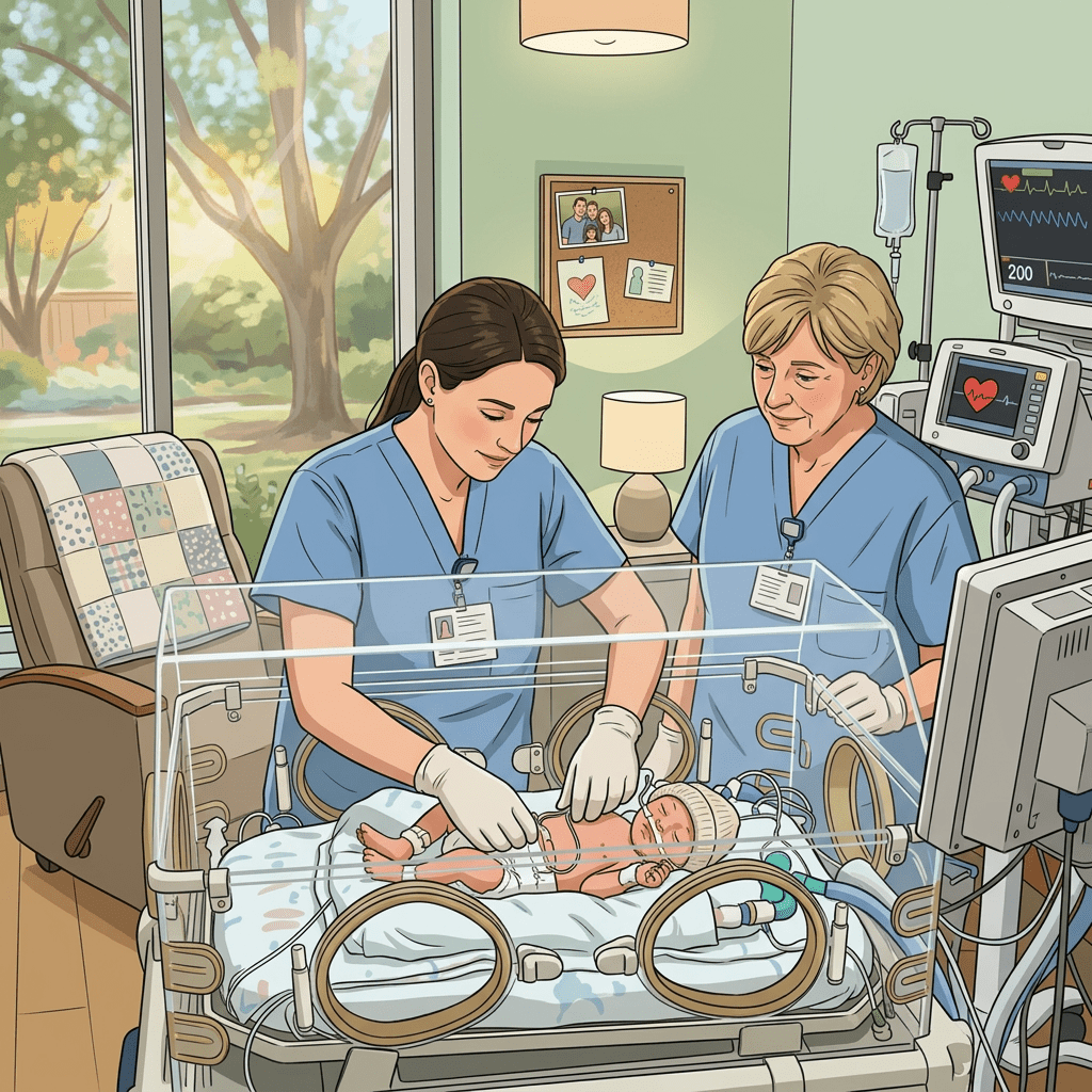 Newborn baby receiving medical care inside an incubator in a neonatal ICU